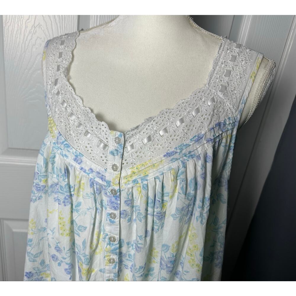 EILEEN WEST WHITE BLUE FLORAL PRINT SLEEVELESS COTTON NIGHTGOWN - SIZE XL - Picture 3 of 10